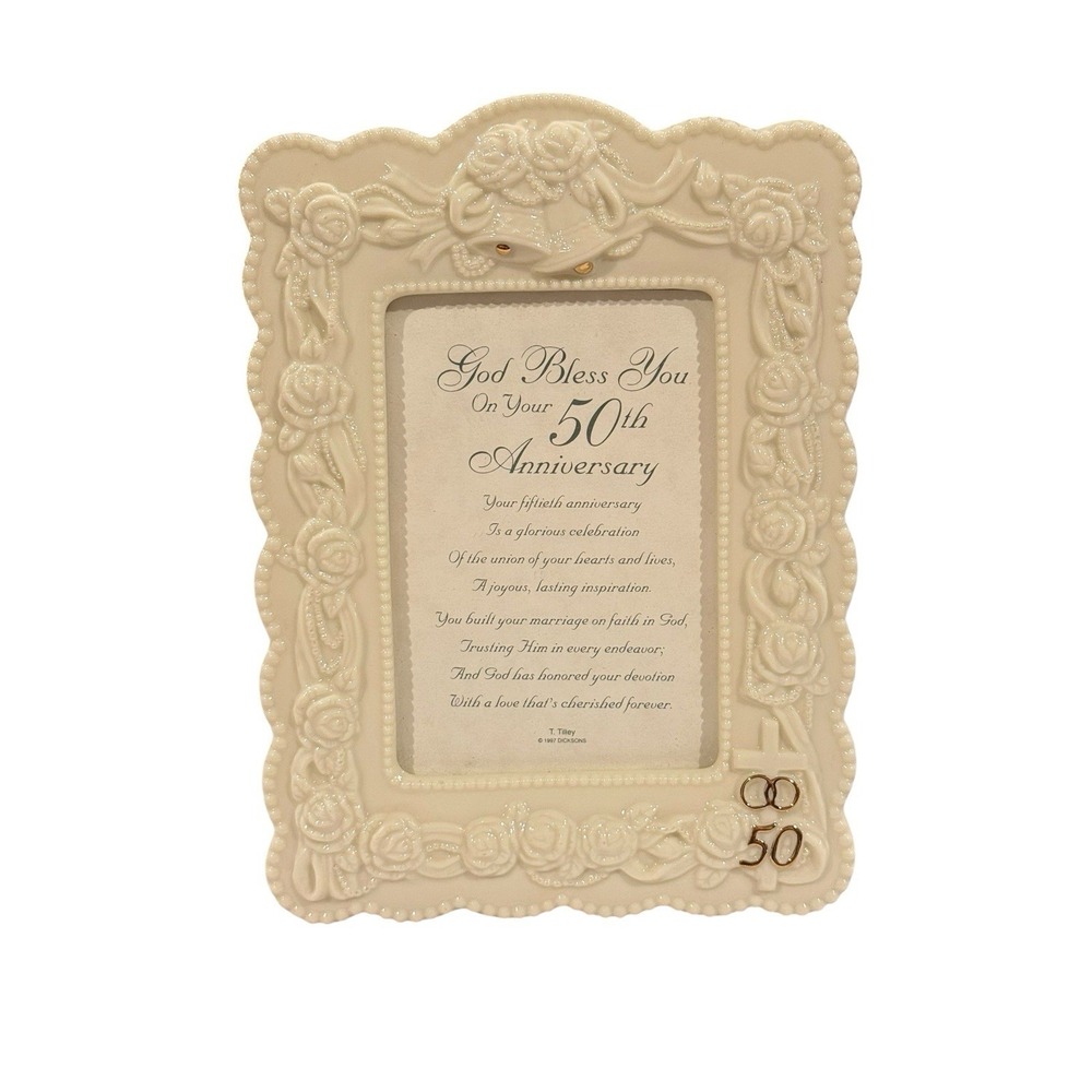 Vtg '97 Dicksons 50th Anniversary Photo Framed Poem God Bless You Ivory & Gold